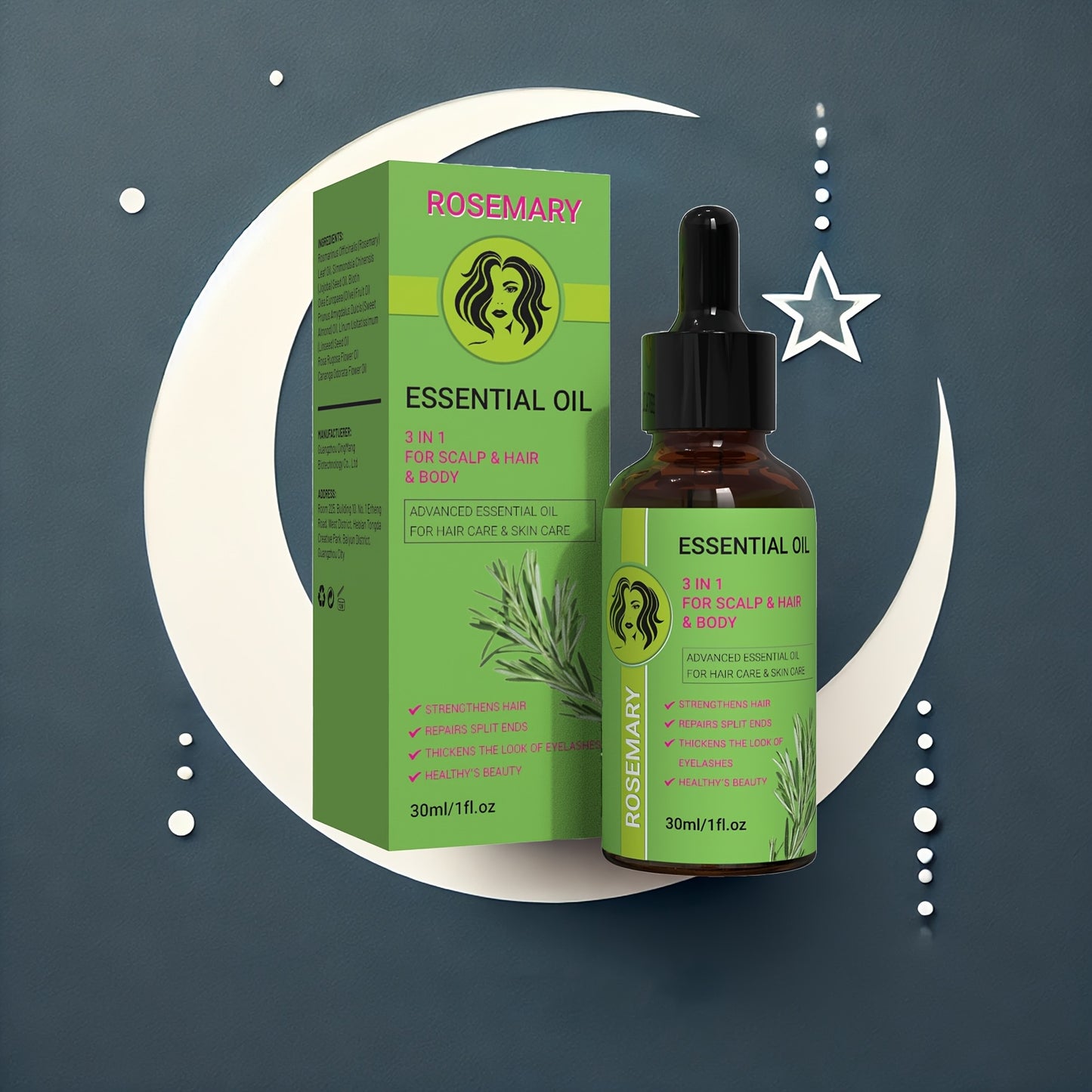 Rosemary Oil for Scalp/Hair/Body Care, 3in 1 for Strengthens Hair/Eyelashes, Moisture Body with Rosemary, Jojoba, Biotin, Olive Fruit, Sweet Almond and Rosa Rugosa Flower Plant Extract for Christmas Gift/Mum's Gift (Glass Bot