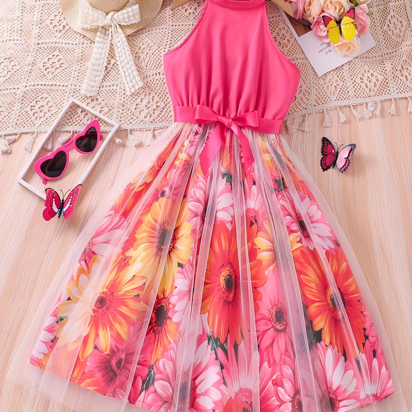 [Elegant Dress] Elegant Summer Party | Girls Splicing Flower Graphic Halter Neck Mesh Dress Tutu Dress | Gift