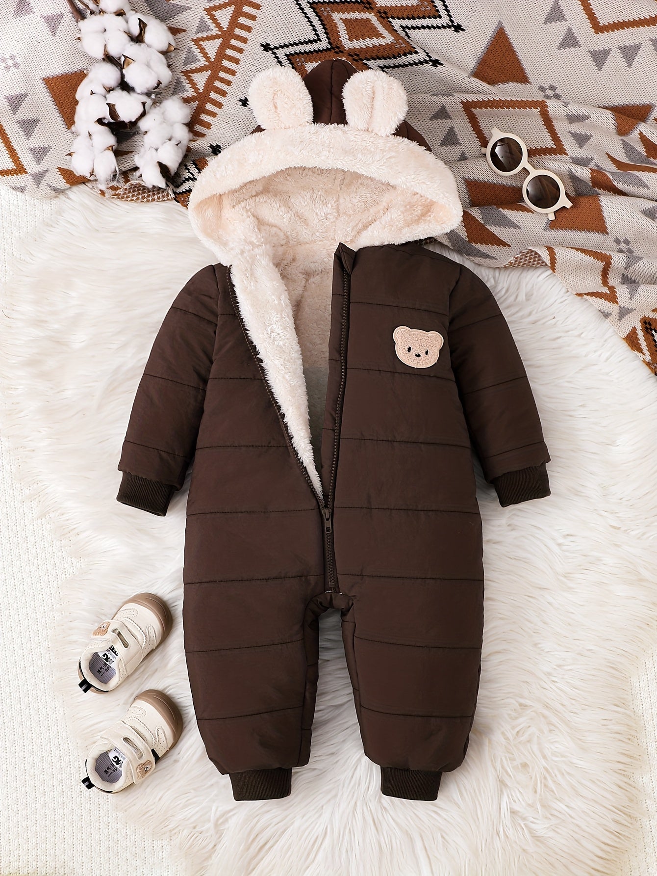 Baby Boy Winter Jumpsuit, Soft Plush Onesie with Hood, Warm Outfit Easy Diaper Change Loose Fit, Newborn Clothing for Infant & Toddler, Perfect for Cold Weather Outdoor & Photoshoots