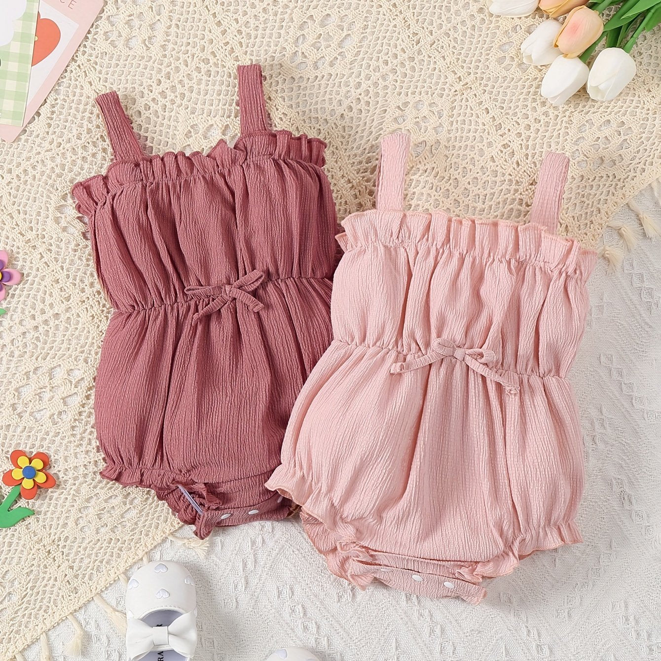 JOPGEEY 2pcs Soft & Stylish Baby Girl Rompers - Solid Color, Bubble Texture with Ruffled Trim, Perfect for Summer Outings, Perfect for Outdoor