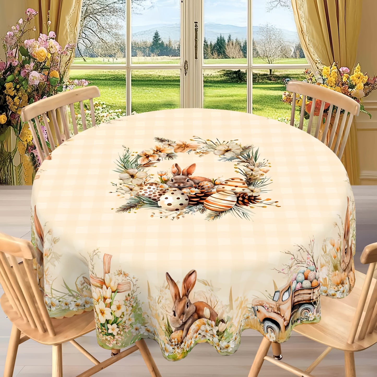 Durable Polyester Easter And Spring Themed Tablecloths, Tablecloths - Featuring Rabbit, Easter Egg, Flower, Cross, And Truck Patterns, Available in 5 Sizes - Round And Rectangular Tablecloths with Embossed Edges, Perfect for
