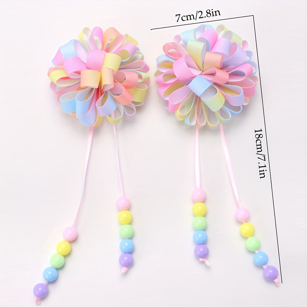 2pcs Adorable Rainbow Hydrangea Floral Hair Clips for Little Girls - Vibrant Grosgrain Ribbon with Tassels, Perfect for Birthday Parties & Celebrations, Flower Girl Hair Accessories