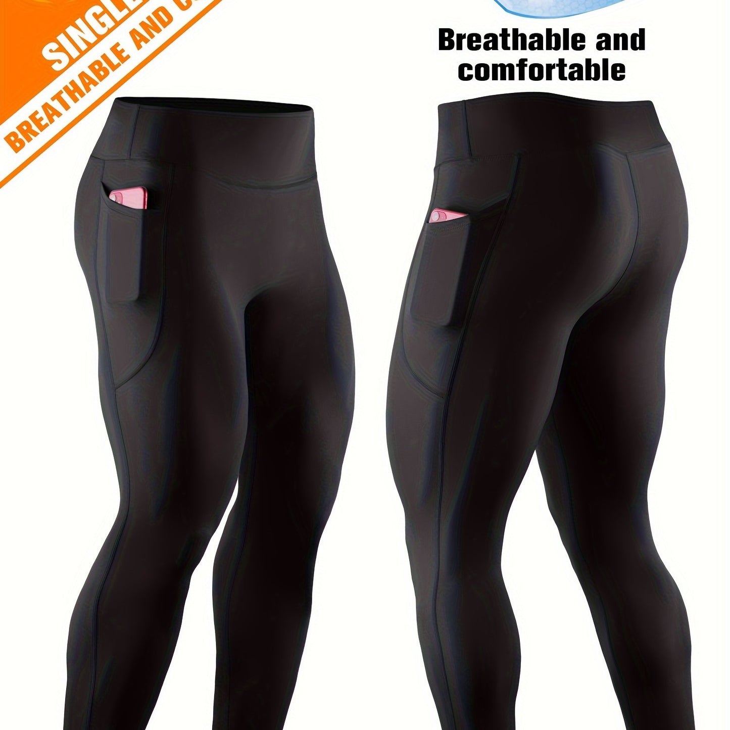 Men'S High Waist Compression Sports Leggings, Quick Dry, High Elastic, Polyester 90% Spandex 10%, Solid Color, Pocket Detail, Knit Fabric, Skinny Fit, Four Seasons, for Running, Yoga, Training, Basketball, Outdoor Activities