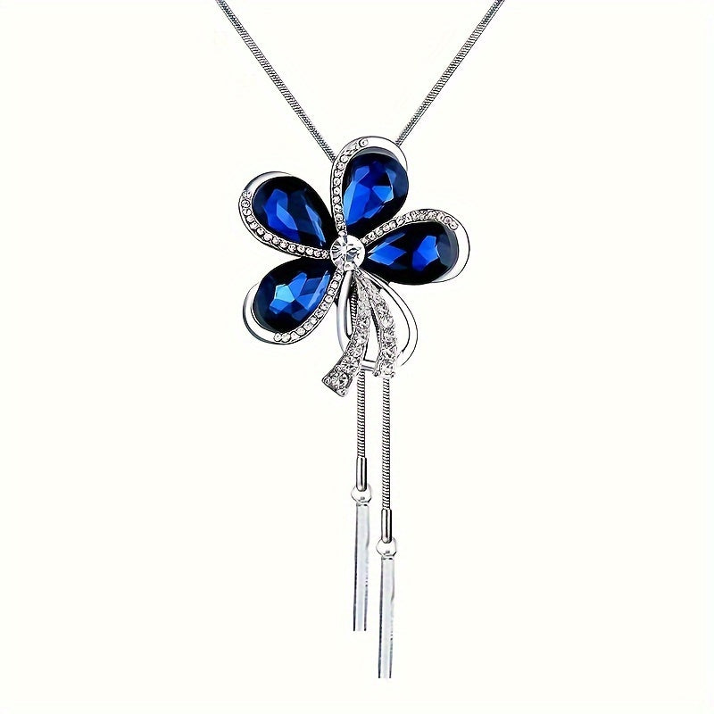 Personality Sparking Artificial Blue Crystal Flower Clothing Pendant Sweater Chain Women's Long Necklace
