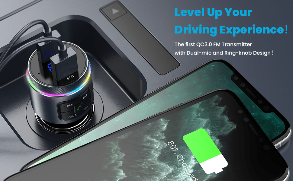 Upgraded V5.0 FM Wireless Transmitter Car, QC3.0 & LED Backlit Wireless FM Radio Adapter Music Player/Car Kit With Hands-Free Calls