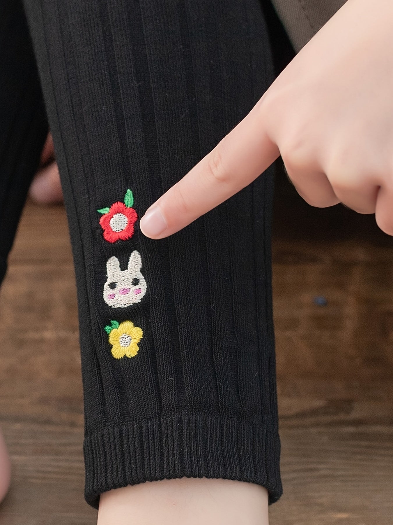 Kids' Base Pants, Girls' Spring/Autumn Vertical Stripe Slim Fit Knit Socks Embroidered Casual 9/10 Pants