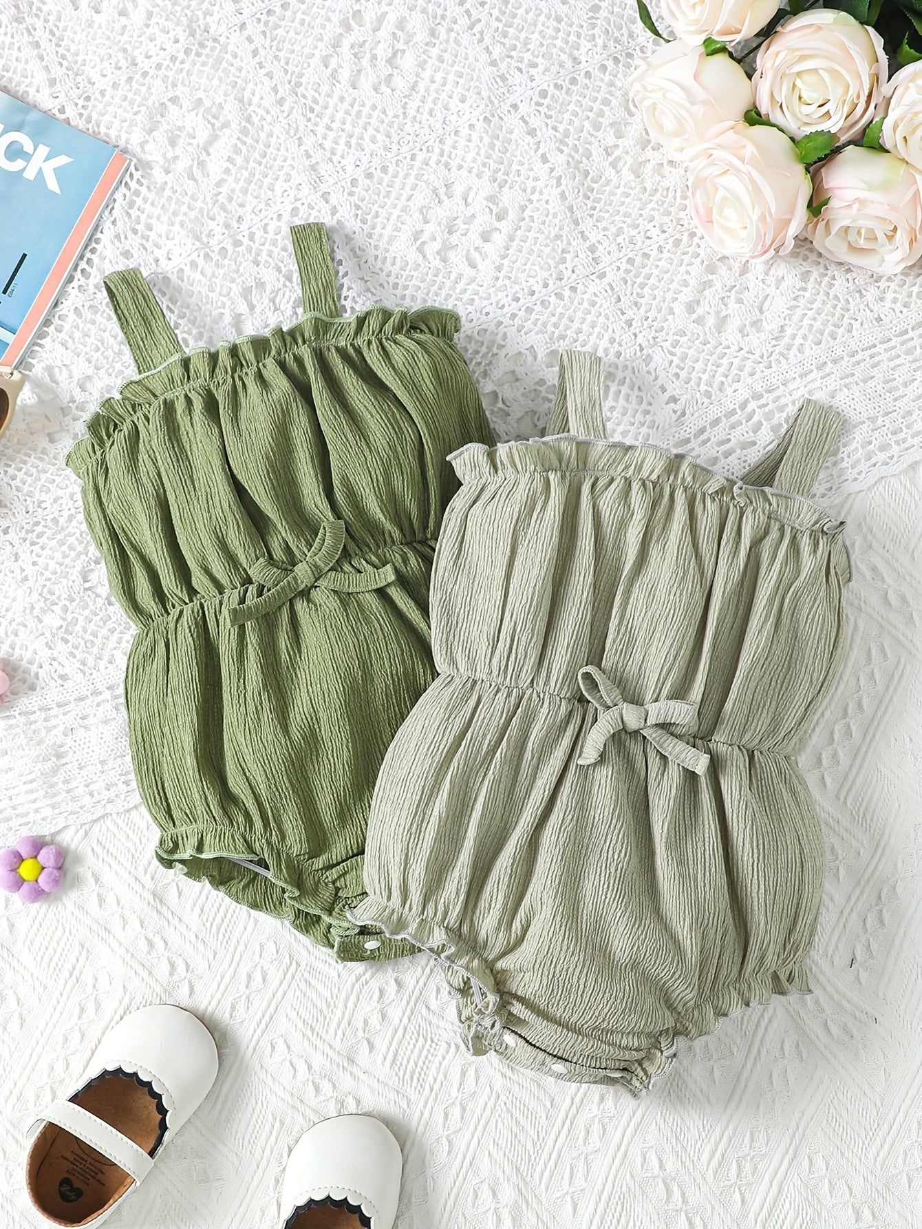 JOPGEEY 2pcs Soft & Stylish Baby Girl Rompers - Solid Color, Bubble Texture with Ruffled Trim, Perfect for Summer Outings, Perfect for Outdoor