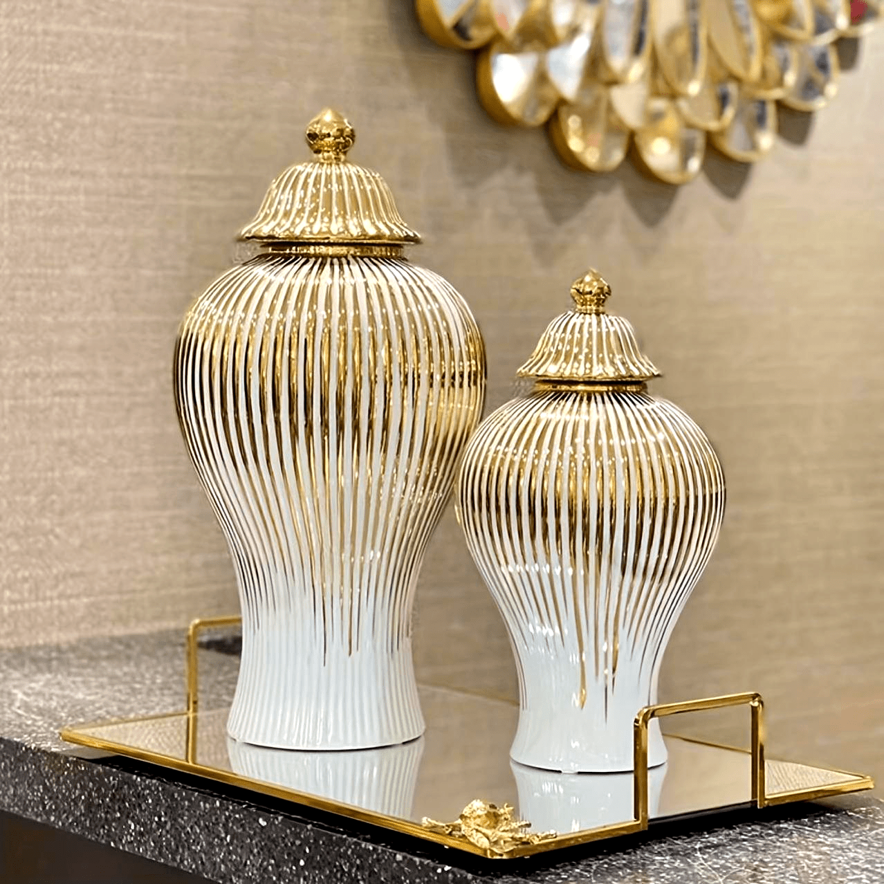 Elegant Ceramic Vase with Gold-Plated Trim - Striped Design for Home Decor, Perfect for Living Room & Entryway