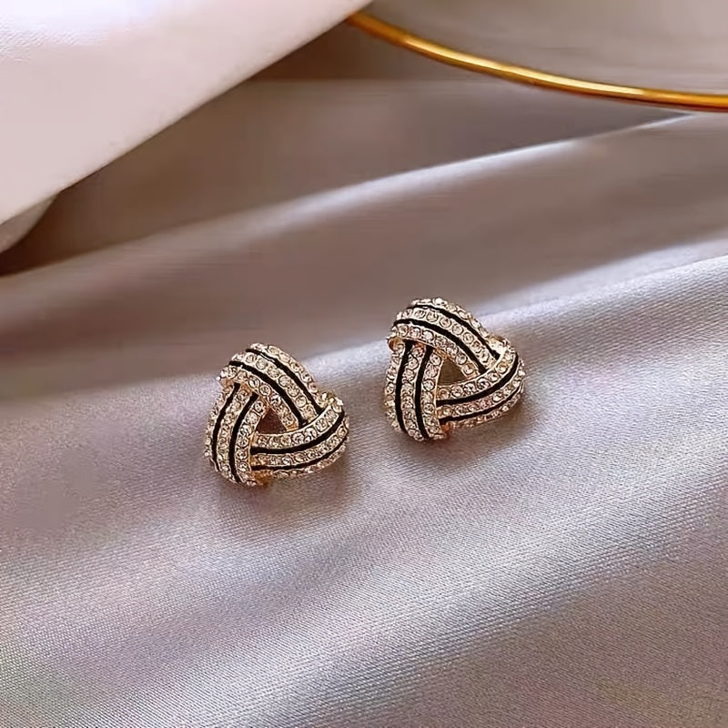 Women's Luxury Rhinestones Geometric Stud Earrings - Vintage Spiral Design, Zinc Alloy with Stainless Steel Ear Needle - All Season Daily Wear | Trendy Triangle Charm | Rhinestone Mosaic