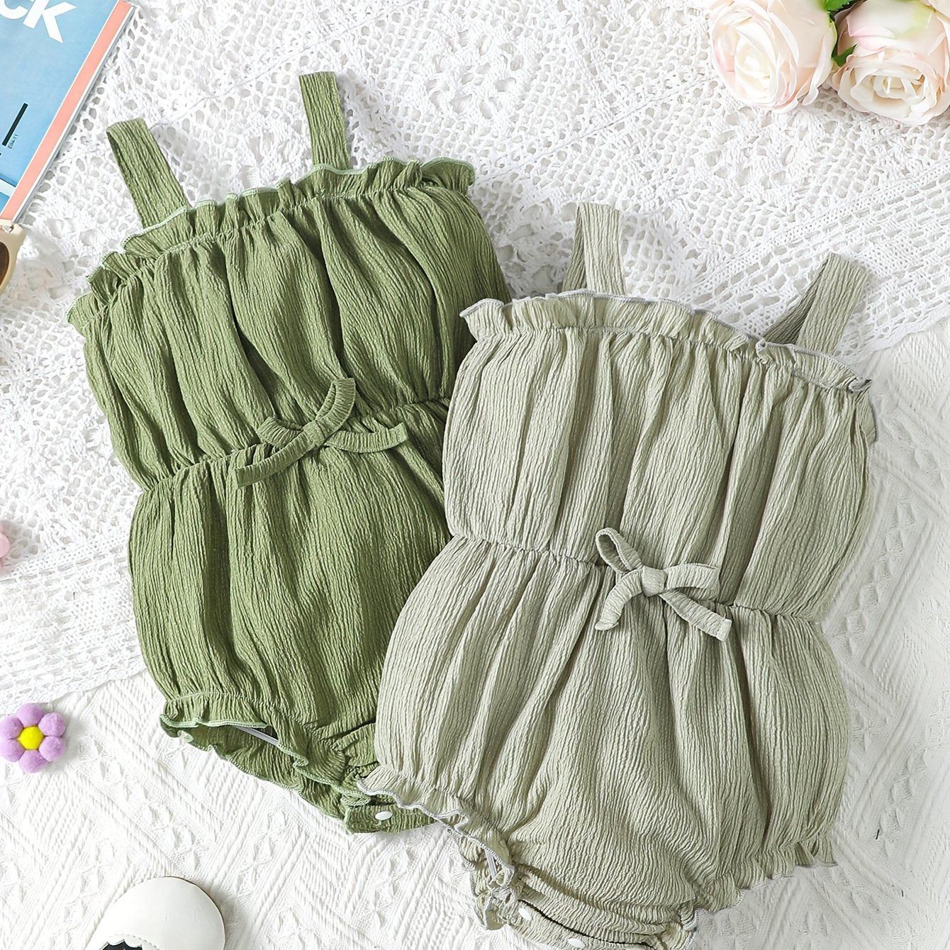 JOPGEEY 2pcs Soft & Stylish Baby Girl Rompers - Solid Color, Bubble Texture with Ruffled Trim, Perfect for Summer Outings, Perfect for Outdoor