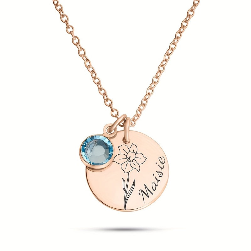 Birth Flower Engraved Necklace - Personalized Name Necklace with Birthstone and Customizable Record Time - Unique Mom Grandma Gift Idea with 12 Varieties of Birth Gemstones