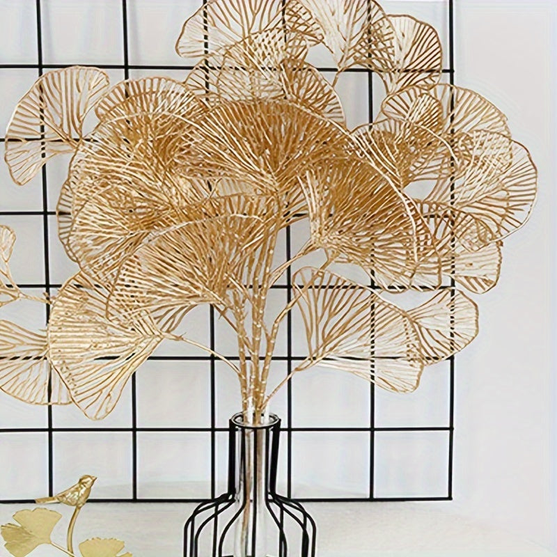 5pcs Golden Artificial Ginkgo Leaves Stems - Realistic Fake Plant Leaf Simulation for Vase Filler, Home Garden Wedding Decor, Winter Xmas Christmas Home Table Decor, Spring Chinese New Year Decor, DIY Craft Project, and Seaso