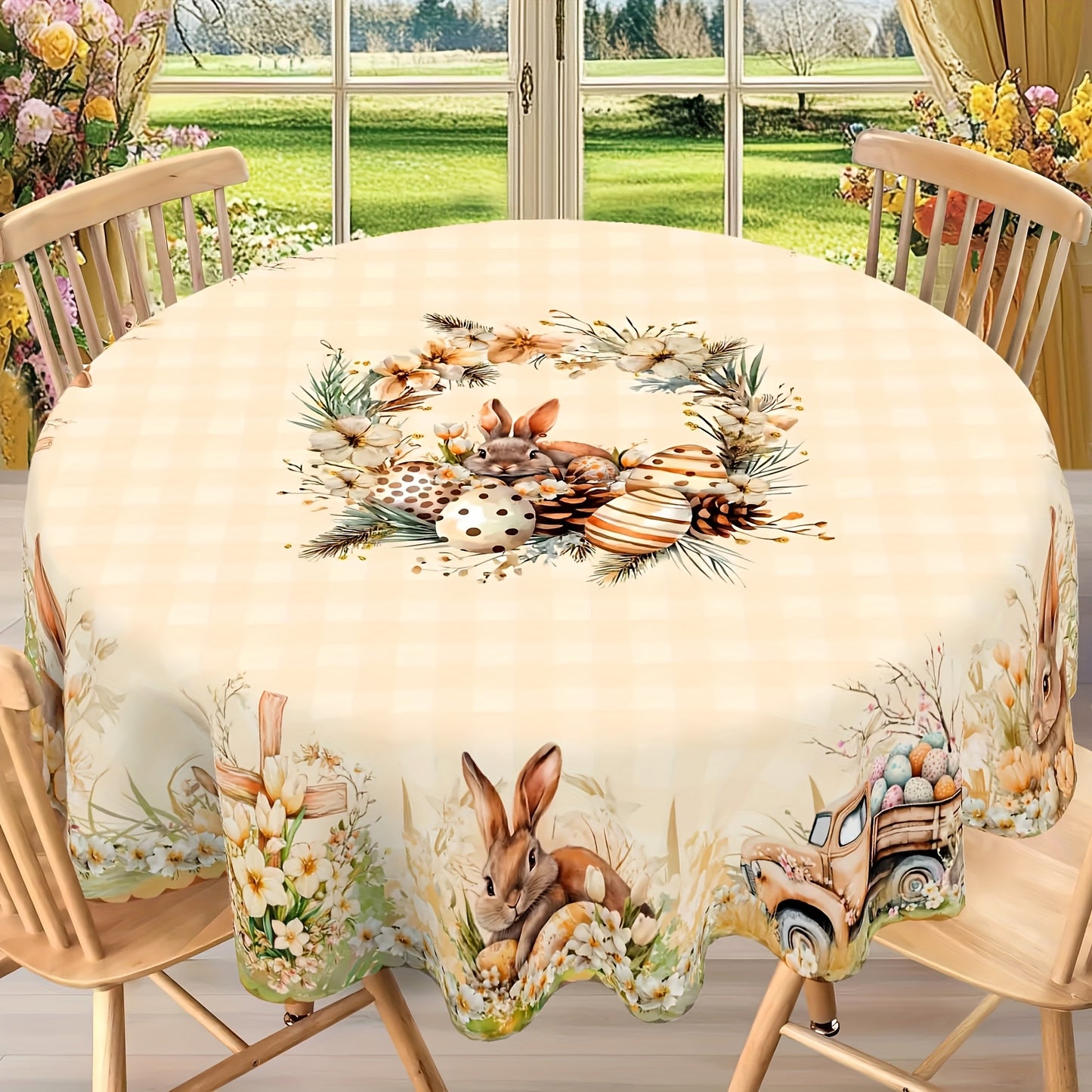 Durable Polyester Easter And Spring Themed Tablecloths, Tablecloths - Featuring Rabbit, Easter Egg, Flower, Cross, And Truck Patterns, Available in 5 Sizes - Round And Rectangular Tablecloths with Embossed Edges, Perfect for