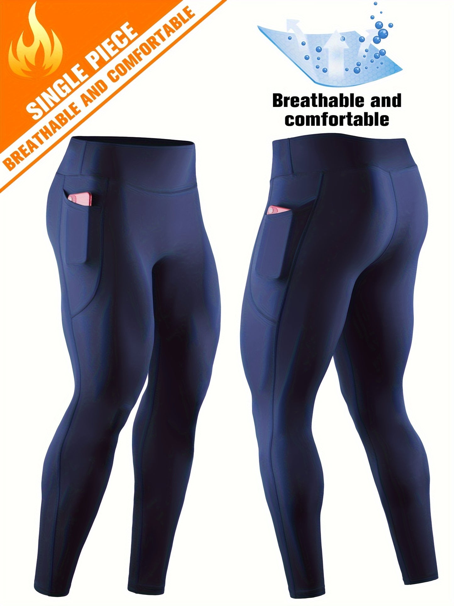Men'S High Waist Compression Sports Leggings, Quick Dry, High Elastic, Polyester 90% Spandex 10%, Solid Color, Pocket Detail, Knit Fabric, Skinny Fit, Four Seasons, for Running, Yoga, Training, Basketball, Outdoor Activities