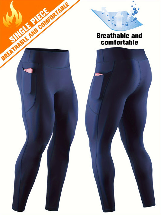 Men'S High Waist Compression Sports Leggings, Quick Dry, High Elastic, Polyester 90% Spandex 10%, Solid Color, Pocket Detail, Knit Fabric, Skinny Fit, Four Seasons, for Running, Yoga, Training, Basketball, Outdoor Activities
