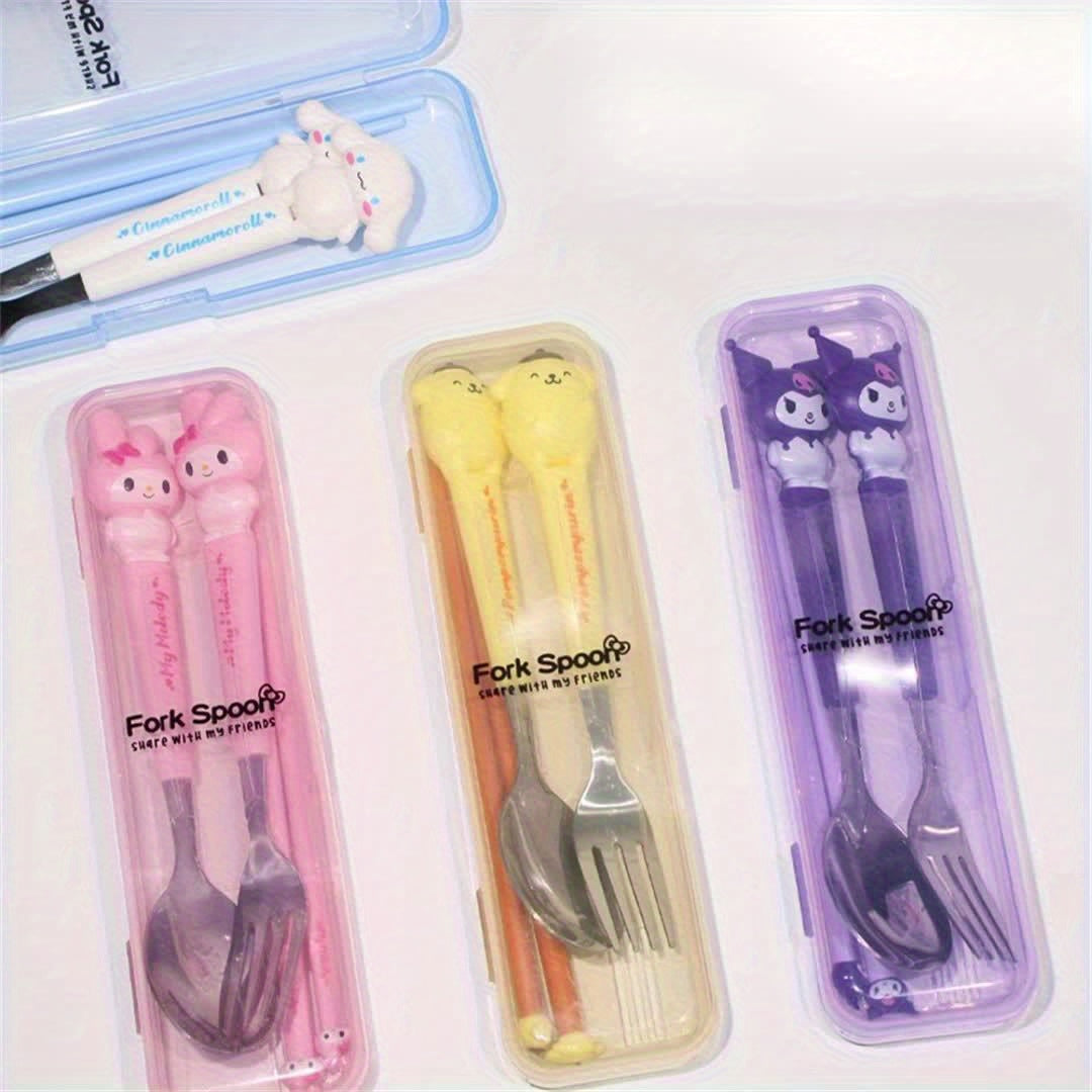 Sanrio Cute Cartoon 2pcs Tableware Suit-Stainless Steel Portable Travel Fork and Spoon with Cute Character Handle, Outdoor Eating Essentials, Onthego Dining, Fun Utensils, Stylish Cutlery, Polished Finish, Highquality Steel,