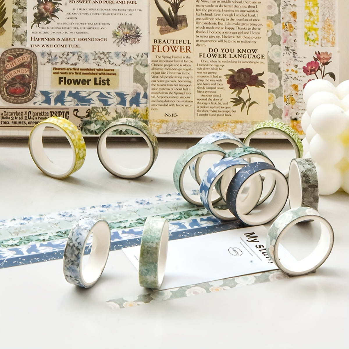 5 Rolls of Washi Tape Flower Series Tear-Off Traceless Decorative Sticker Tape Suitable for Diaries, Photo Albums, Schedules and Party Decorations