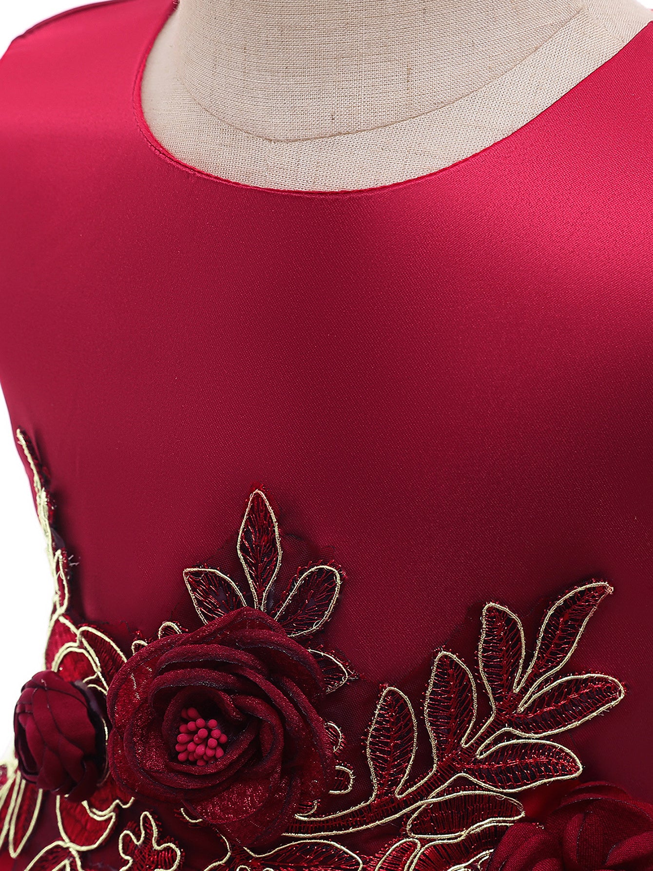 Elegant Red Embroidered Mesh Princess Dress for Girls 4-12 - Perfect for Piano Performances & Flower Girl Duties, Knee-Length with Umbrella Hem