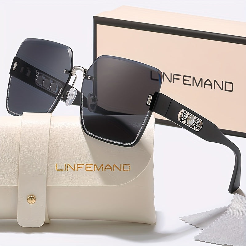 [Fashion Eyeglasses] LINFEMAND Fashion Eyeglasses | Pearl Flower Decoration, PC Polycarbonate Lens, Plastic Frame, with Case - for Men, Women, Summer, Festival Gift, Daily Wear