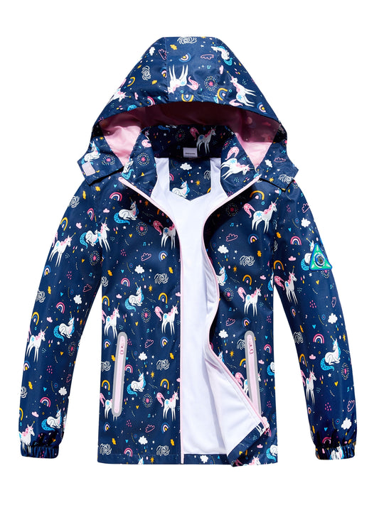 Girls' Unicorn Jacket - Lightweight Windproof Hooded Outerwear with Removable Hood, Pastel Rainbow & Clouds Design, Zip-Up Front, Long Sleeves, and Pockets for Spring/Fall Casual Wear, Unicorn Clothes, Playful Kids Fashion, D