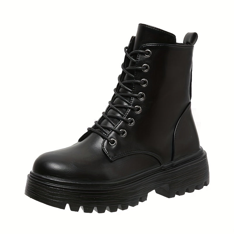 Women's Chunky Platform Round-Toe Ankle Boots with Thick TPR Sole & Faux Upper - Chunky Heel (1-2cm) Round Toe s, Black Faux & TPR Outsole for Casual, Office, Party - Round-Toe Booties