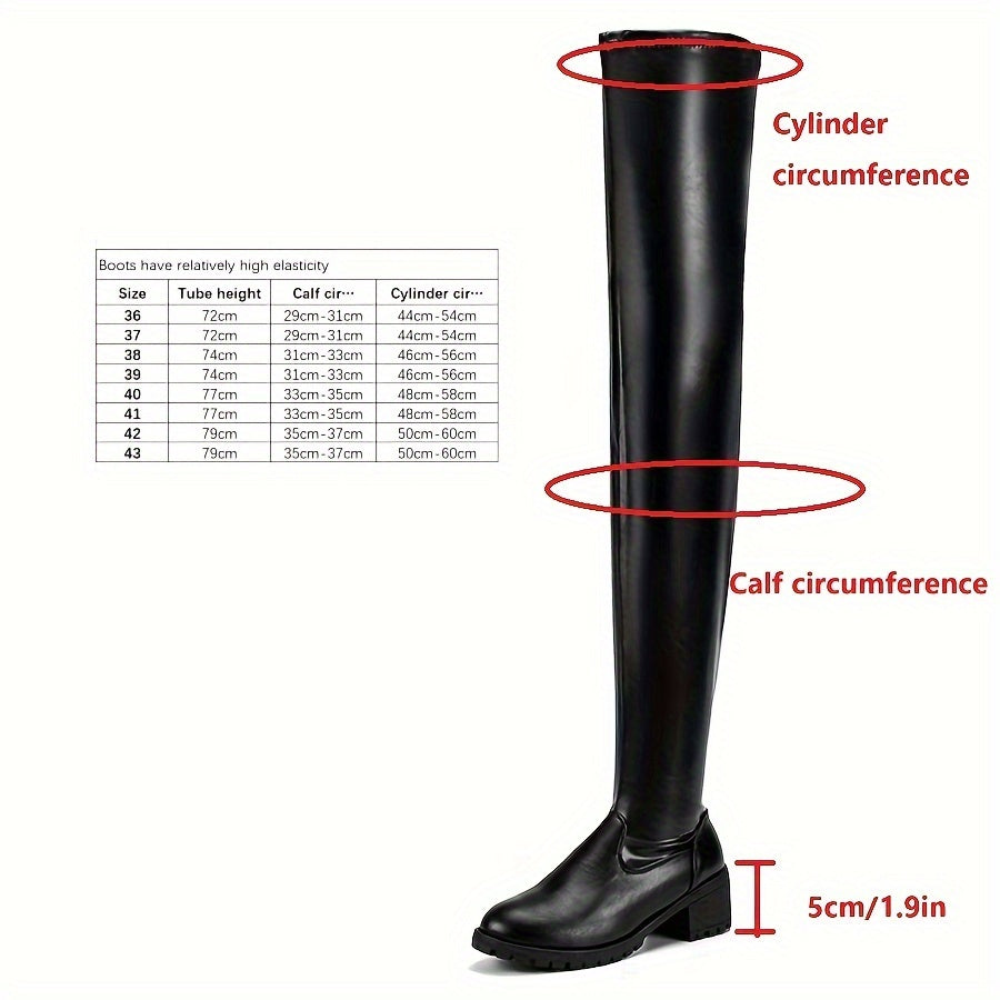 2022 New Women's High Heel Knee Boots PU Thick Heel Sexy Fashion Dress Wedding Side Zipper Round Head Elastic Knee Boots, Women Shoes