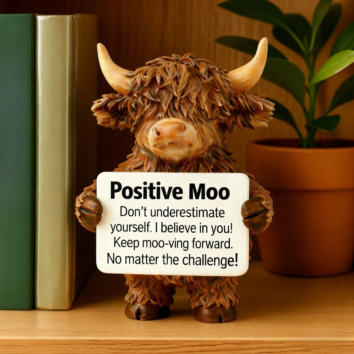 1pc Positive Highland Cow Resin Statue | Home Decor for Living Room, Bedroom, Office, Bookshelf, Tabletop Decor, Motivational Gift for Women, Moms, Friends, Students, Art Deco Style, Resin Material