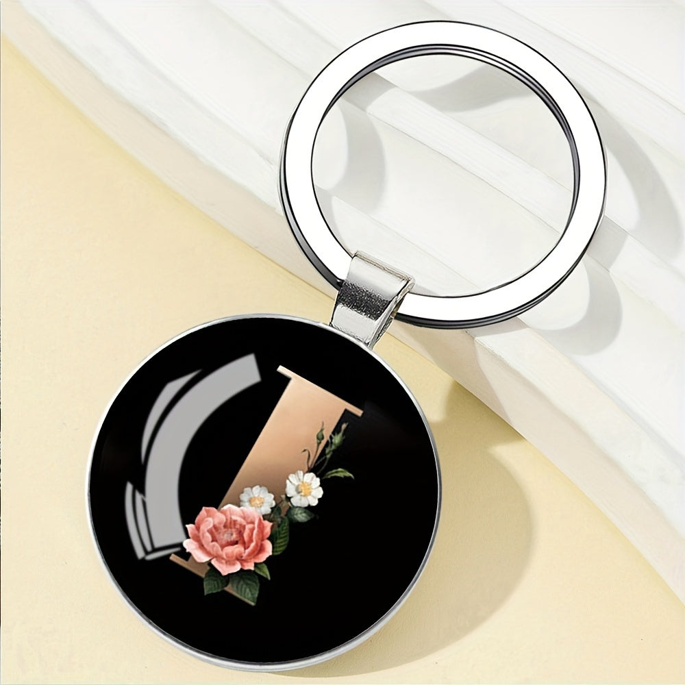 1pc Elegant Floral Alphabet Glass Keychain, Round Character-Themed Alloy Keyring, Romantic Collegiate Style Accessory, Ideal for Birthday, Anniversary, Graduation, Bridal Shower Gifts, and Festive Occasions - Christmas, Hallo