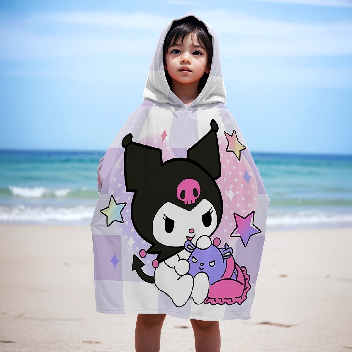 1pc Sanrio Kuromi Adult & Wearable Beach Towel with Kuromi Face Hood - Quick-Dry Microfiber Bath Robe, Cute Kuromi Print for Pool, Bath, Travel - Officially Inspired Sanrio Character Outfit