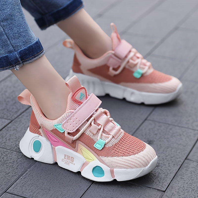 Girls' Breathable Knit Sneakers - Fashionable Striped Low-Top Sneakers with Closure, Lightweight & Comfortable for All Seasons, Pink & Black Design with Mesh Upper and EVA Sole, Youngsters Sneakers | Fashionable Striped Sneak