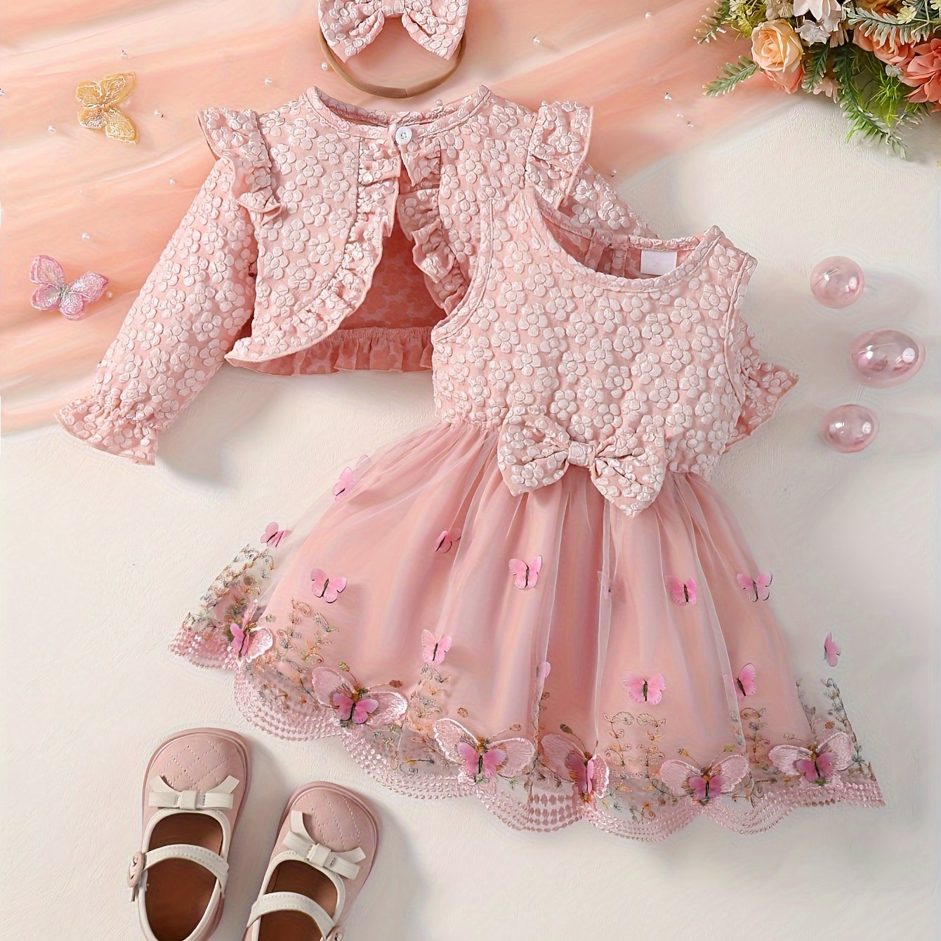 3pcs Set for Baby Girls Featuring a New Spring And Autumn Design with 3D Butterfly Embroidery, a Mesh Dress, a Short Outer Top with Ruffled Textured Sleeves, And a Bow Headband, for Outdoor