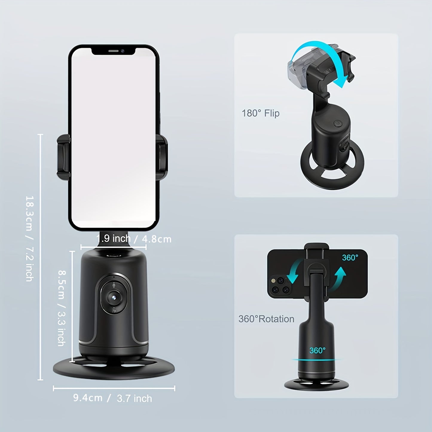360° Auto-Tracking Smartphone Tripod - Hands-Free Face & Body Recognition - Wireless Rechargeable Holder for Live Streaming, Vlogging & Video Recording - Black