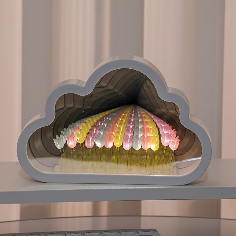 1pc Handcrafted Tulip Cloud LED Night Light with Mirror - Multicolor Flower Sea Glow, Adjustable Brightness, Battery-Powered Desk Lamp for Bedroom & Living Room Ambiance - Ideal Gift for Girlfriend, Best Friend on Christmas,