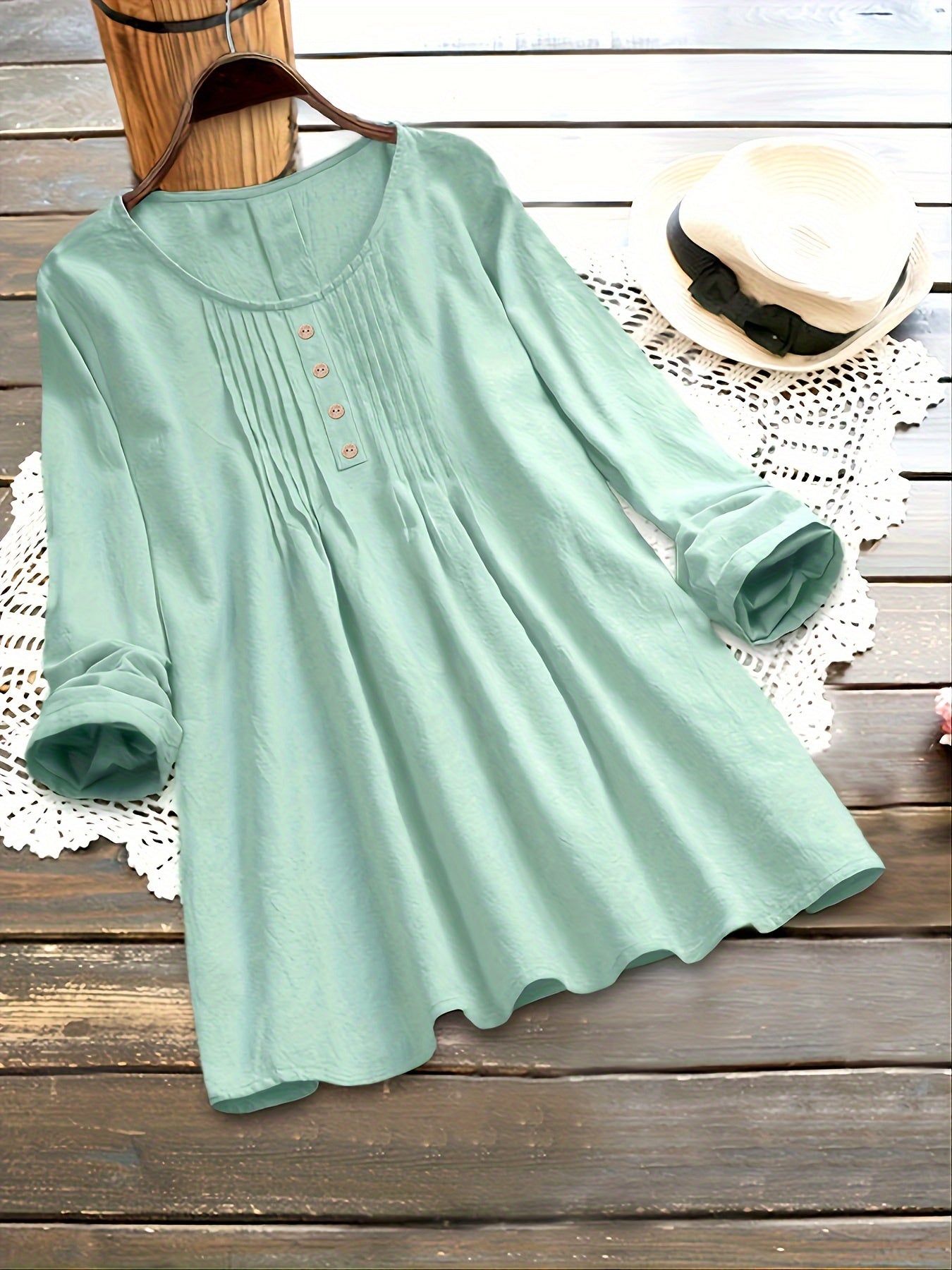 Plus Size - Plus Size Women'S Long Sleeve Loose Fit Round Neck Blouse - Light Green Pleated Casual Shirt with Button Details, Non-Stretch Fabric, Perfect for Spring/Fall, Ladies Blouses