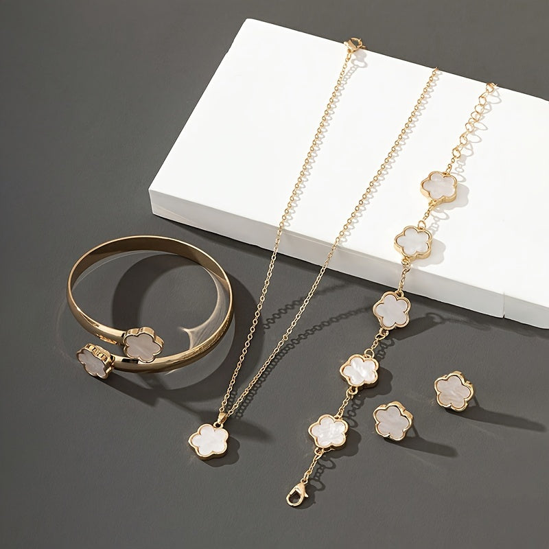 Clover Flower Jewelry Set, Elegant Sexy Style, Includes Clover Bracelet, Bangle, Stud Earrings, And Necklace Delicate Female Jewelry Set
