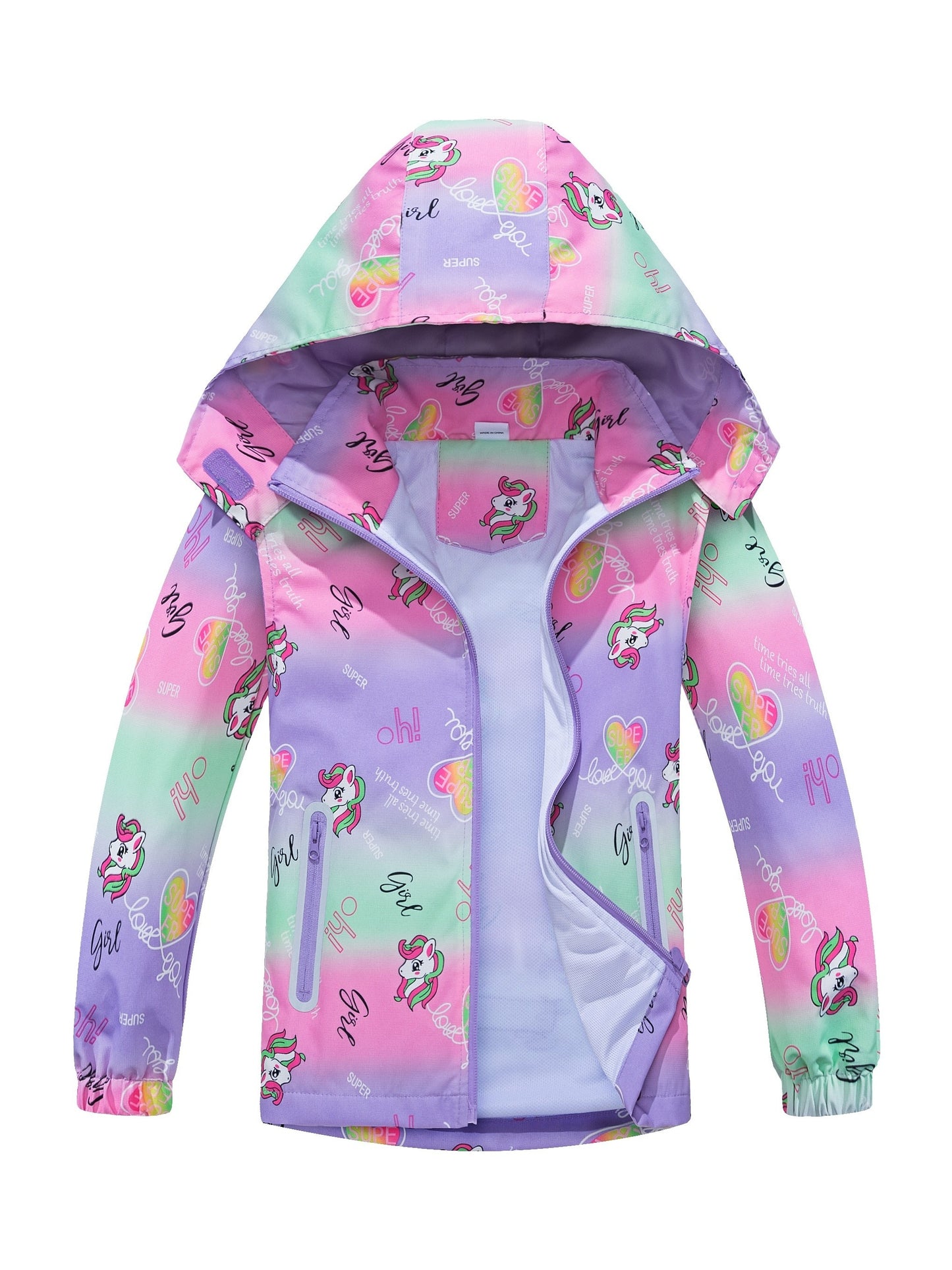 Girls' Unicorn Jacket - Lightweight Windproof Hooded Outerwear with Removable Hood, Pastel Rainbow & Clouds Design, Zip-Up Front, Long Sleeves, and Pockets for Spring/Fall Casual Wear, Unicorn Clothes, Playful Kids Fashion, D