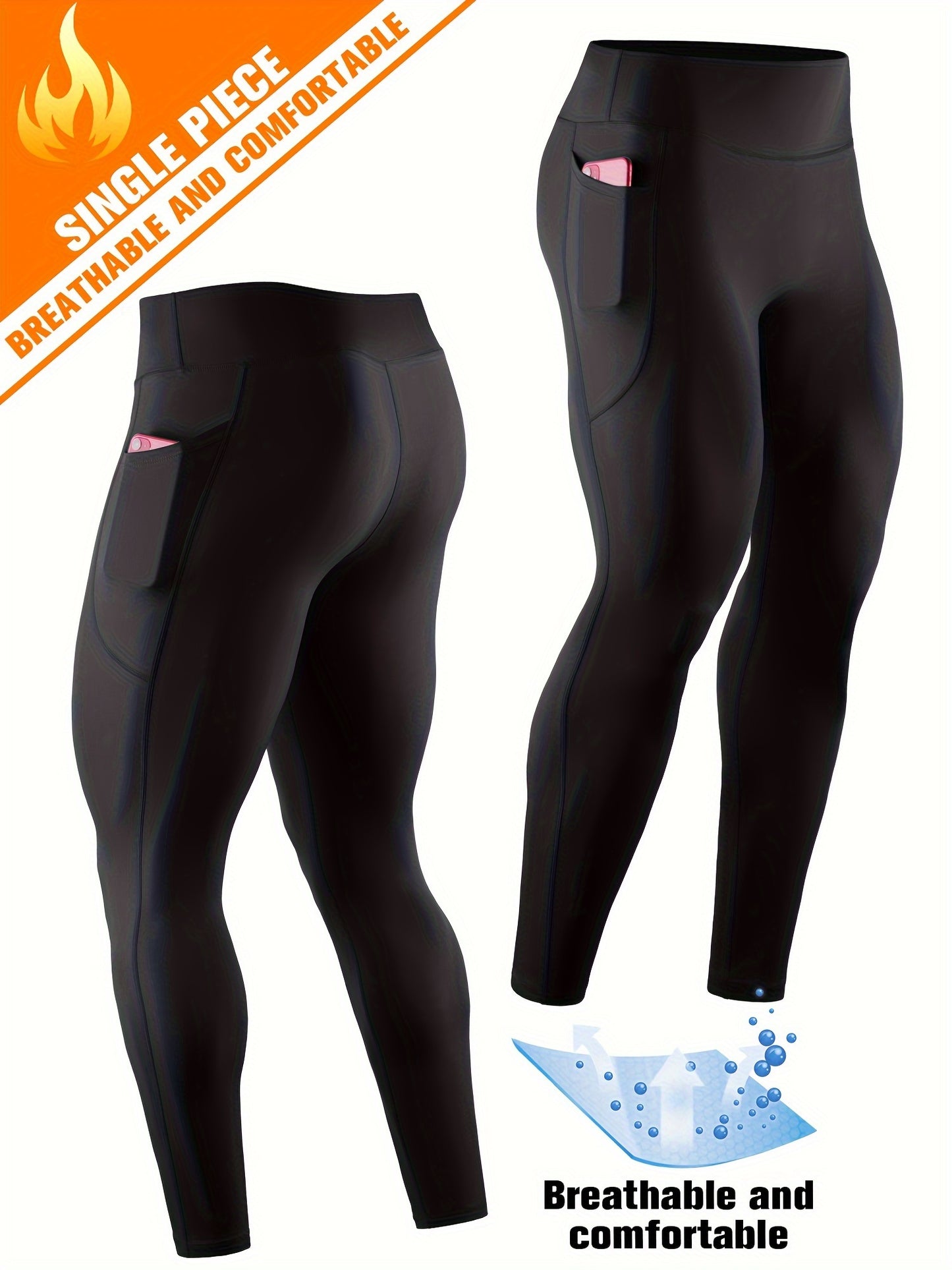 Men'S High Waist Compression Sports Leggings, Quick Dry, High Elastic, Polyester 90% Spandex 10%, Solid Color, Pocket Detail, Knit Fabric, Skinny Fit, Four Seasons, for Running, Yoga, Training, Basketball, Outdoor Activities
