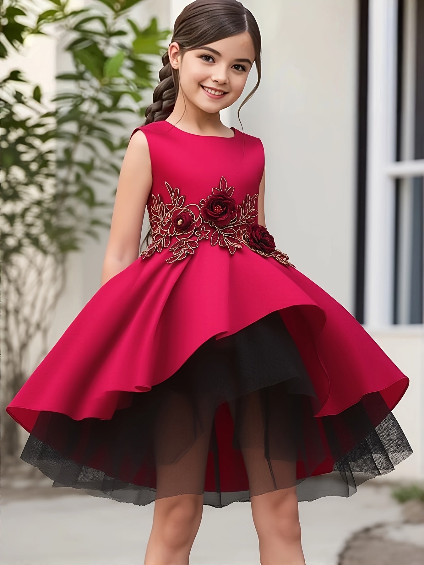 Elegant Red Embroidered Mesh Princess Dress for Girls 4-12 - Perfect for Piano Performances & Flower Girl Duties, Knee-Length with Umbrella Hem
