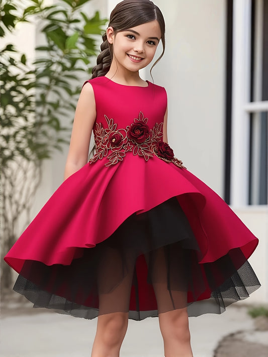 Elegant Red Embroidered Mesh Princess Dress for Girls 4-12 - Perfect for Piano Performances & Flower Girl Duties, Knee-Length with Umbrella Hem