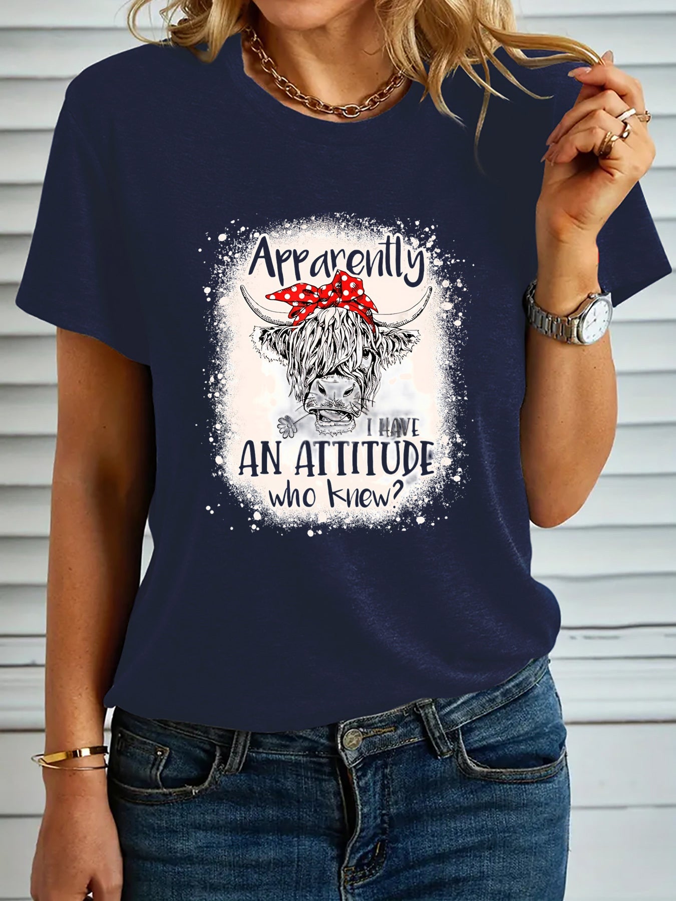 Women's Fashion T-shirt, "Apparently I Have An Attitude Who Knew" Highland Cow Pattern Casual Short Sleeve Top