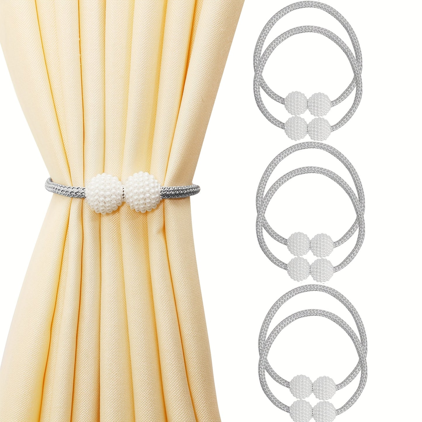 2pcs Elegant Magnetic Curtain Tiebacks - Contemporary Polyester Rope Holdbacks with Pearl-Like Beads, Decorative Window Drapery Ties for Home & Office Decor, Stylish Curtain Tieback|Contemporary Design|Bead Detailing