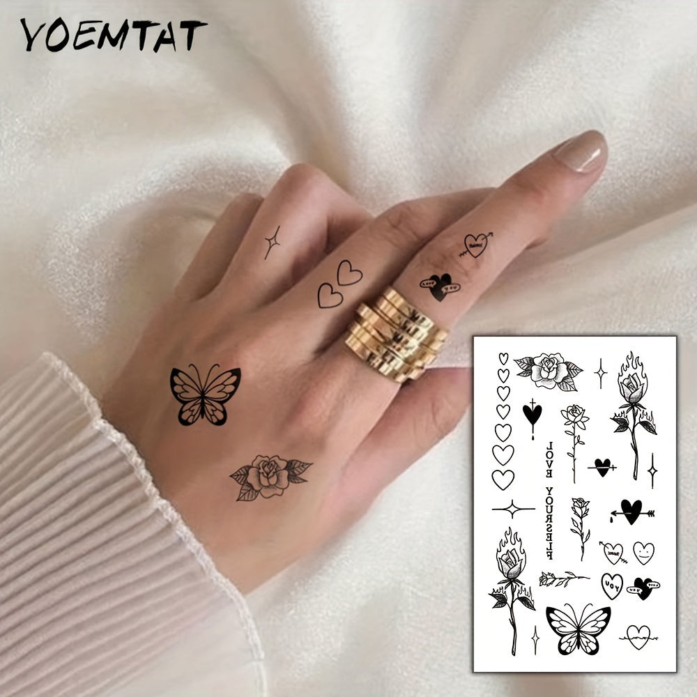 Finger Tattoo Waterproof Temporary Tattoo Sticker Rose Flower Flame Thorn Love Arrow Butterfly Cute Text Totem Body Art Arm Fake Tattoos for Women Men Neck Wrist