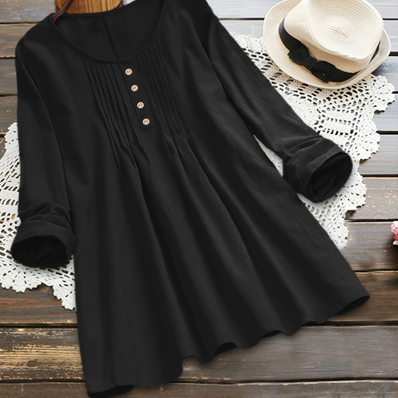 Plus Size - Plus Size Women'S Long Sleeve Loose Fit Round Neck Blouse - Light Green Pleated Casual Shirt with Button Details, Non-Stretch Fabric, Perfect for Spring/Fall, Ladies Blouses