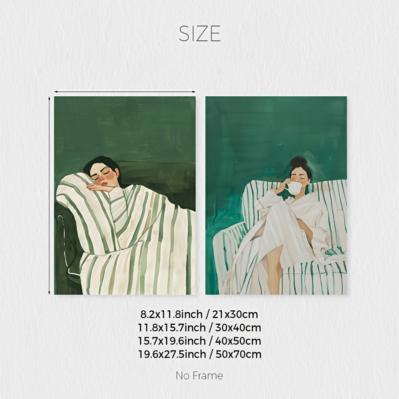 A Set of 2 Abstract Character Wall Art Prints, Featuring a Jade Green Striped Woman Canvas Poster, Minimalist Large Art Wall Decor, Coffee Lover Prints, Spring Decorations for Living Rooms, Bedrooms, Cafes, Bars, Offices, Hal