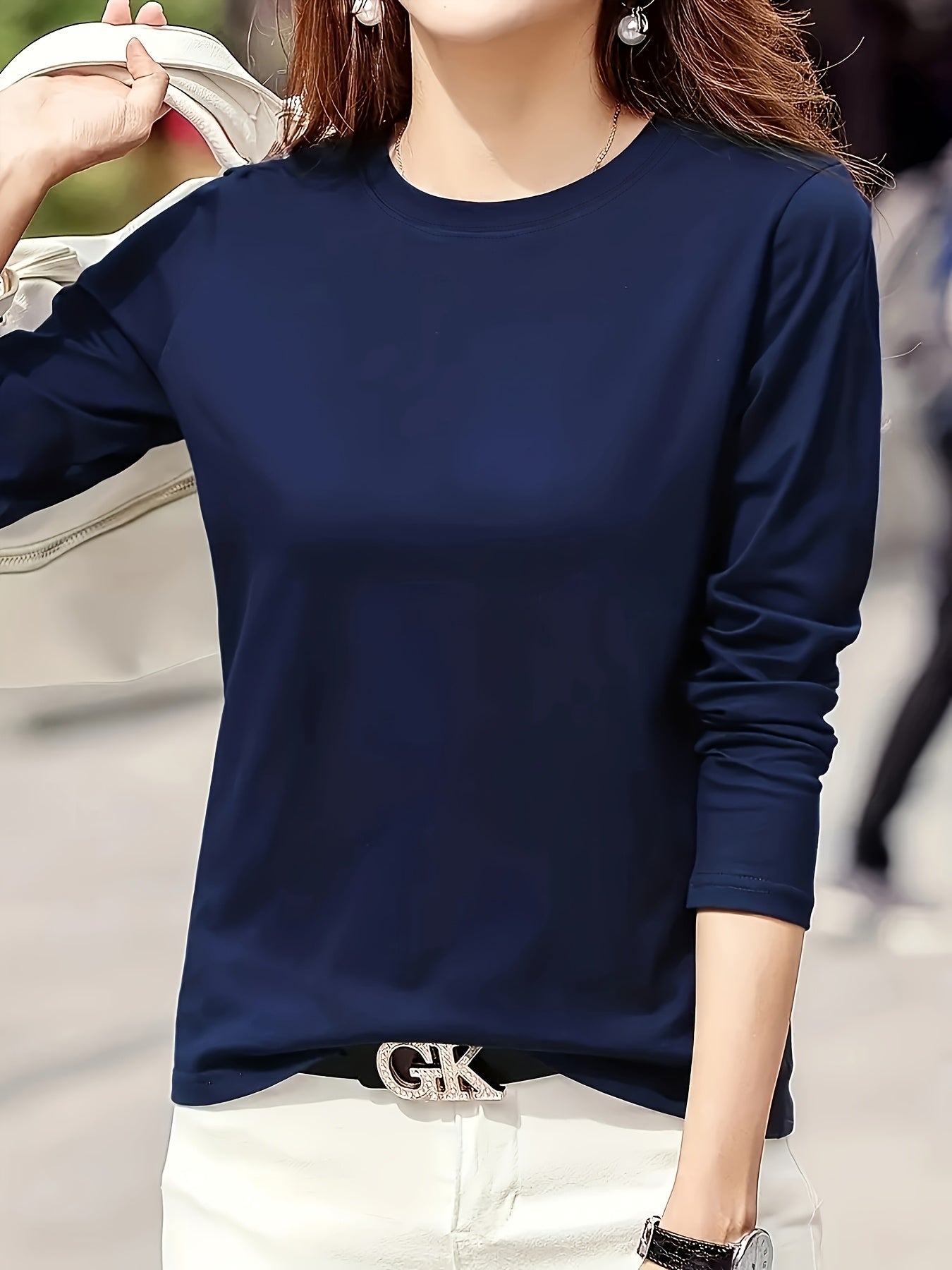 Women'S Elegant Crew Neck T-Shirt, 100% Polyester Knit Fabric, High Stretch Solid Color Top, Regular Length, 180gsm - Spring/Summer Fashion
