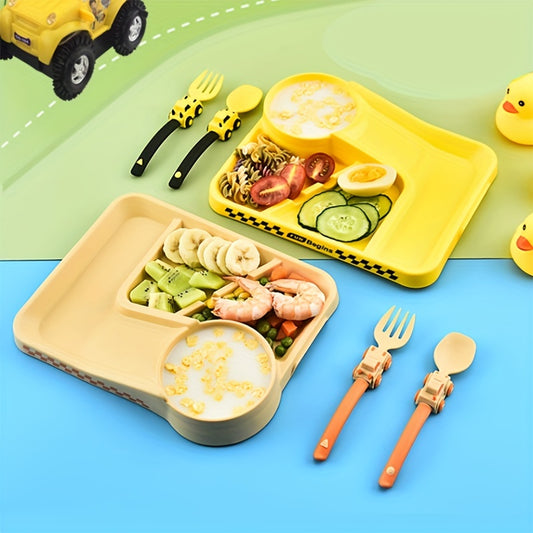 Children's Tableware Cartoon Racing Dinner Plate + Fork Spoon Independent Eating Divided Complementary Food Bowl Baby Suction Cup Non-slip Dinner Plate