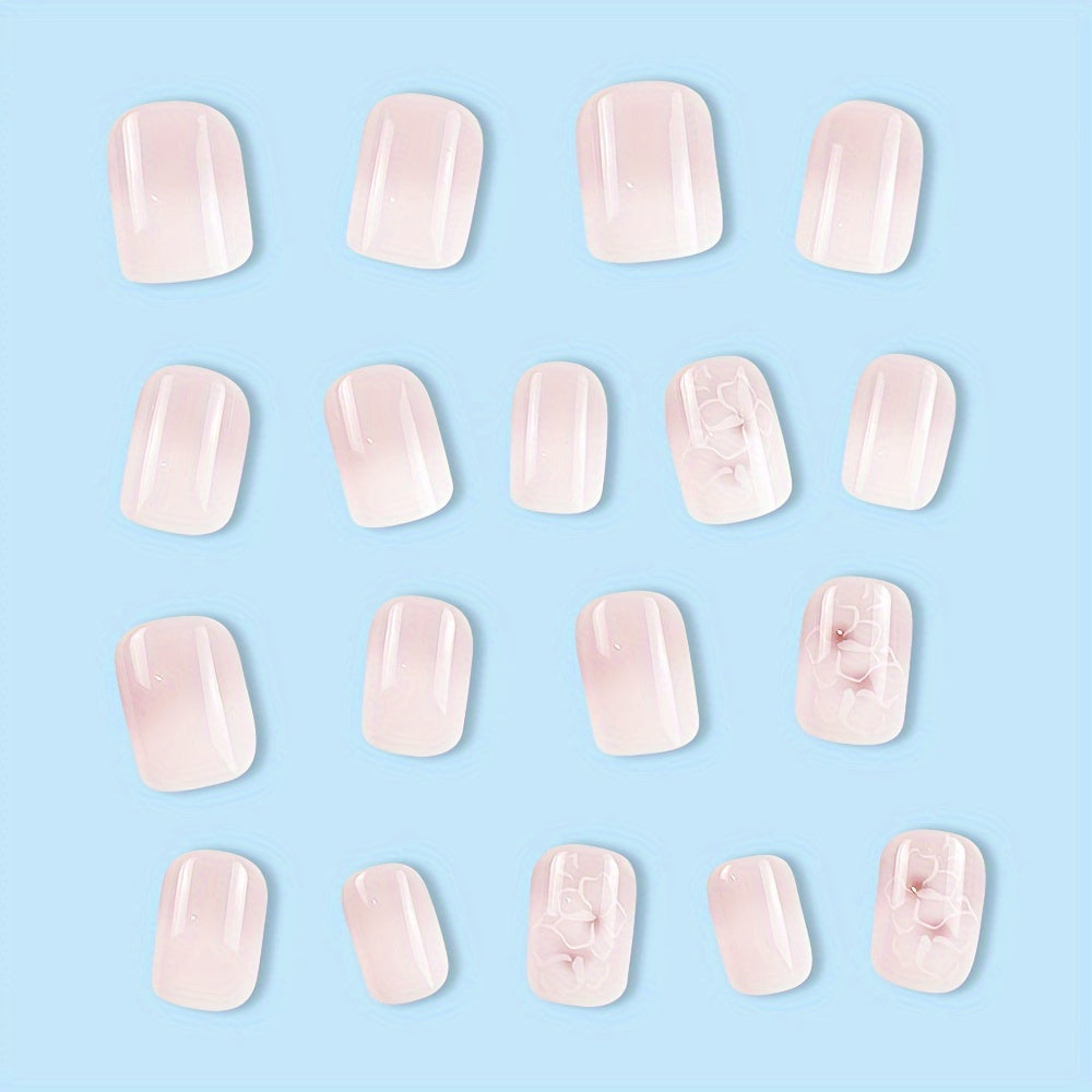 24pcs Glossy Short Square Fake Nails, White Pinkish Gradient Press On Nails With Flower Design, Sweet Cool Full Cover False Nails For Women Girls