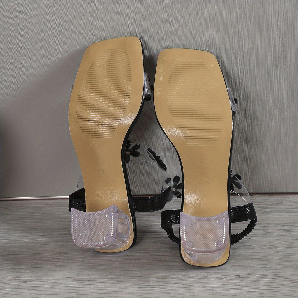 Women's Flower Rhinestone Block Heel Sandals, Fashion Square Open Toe Elastic Strap Slip On High Heels, Versatile Sandals
