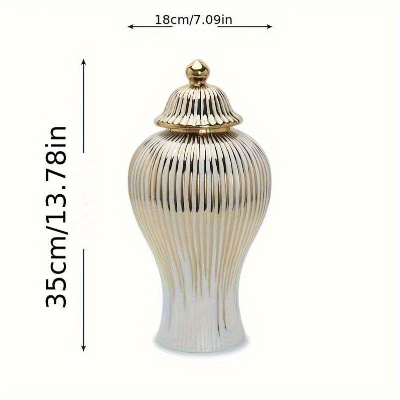 Elegant Ceramic Vase with Gold-Plated Trim - Striped Design for Home Decor, Perfect for Living Room & Entryway