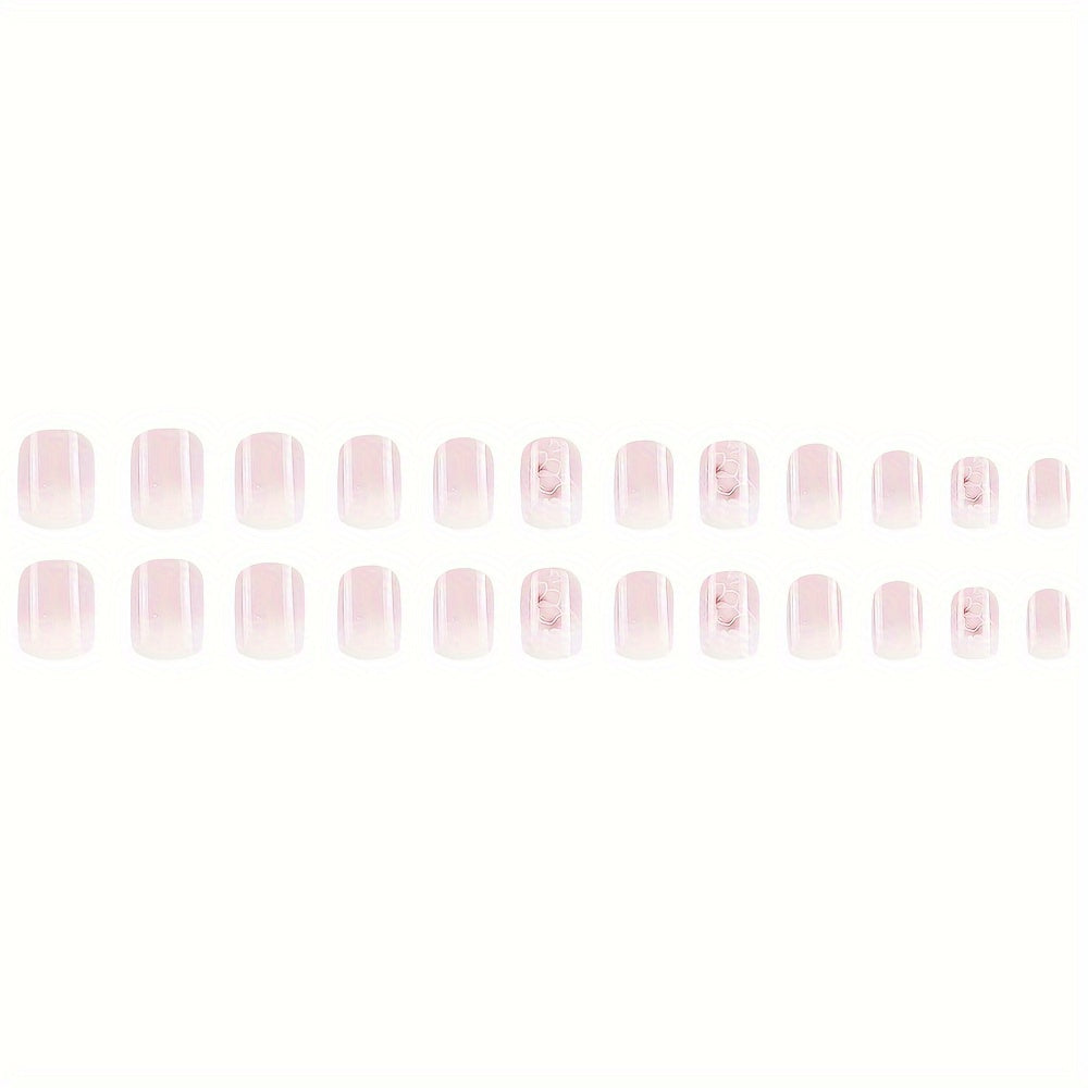 24pcs Glossy Short Square Fake Nails, White Pinkish Gradient Press On Nails With Flower Design, Sweet Cool Full Cover False Nails For Women Girls